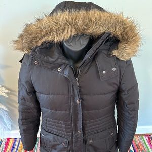 DKNY Long Puffer Coat Faux Fur Hood Black Small